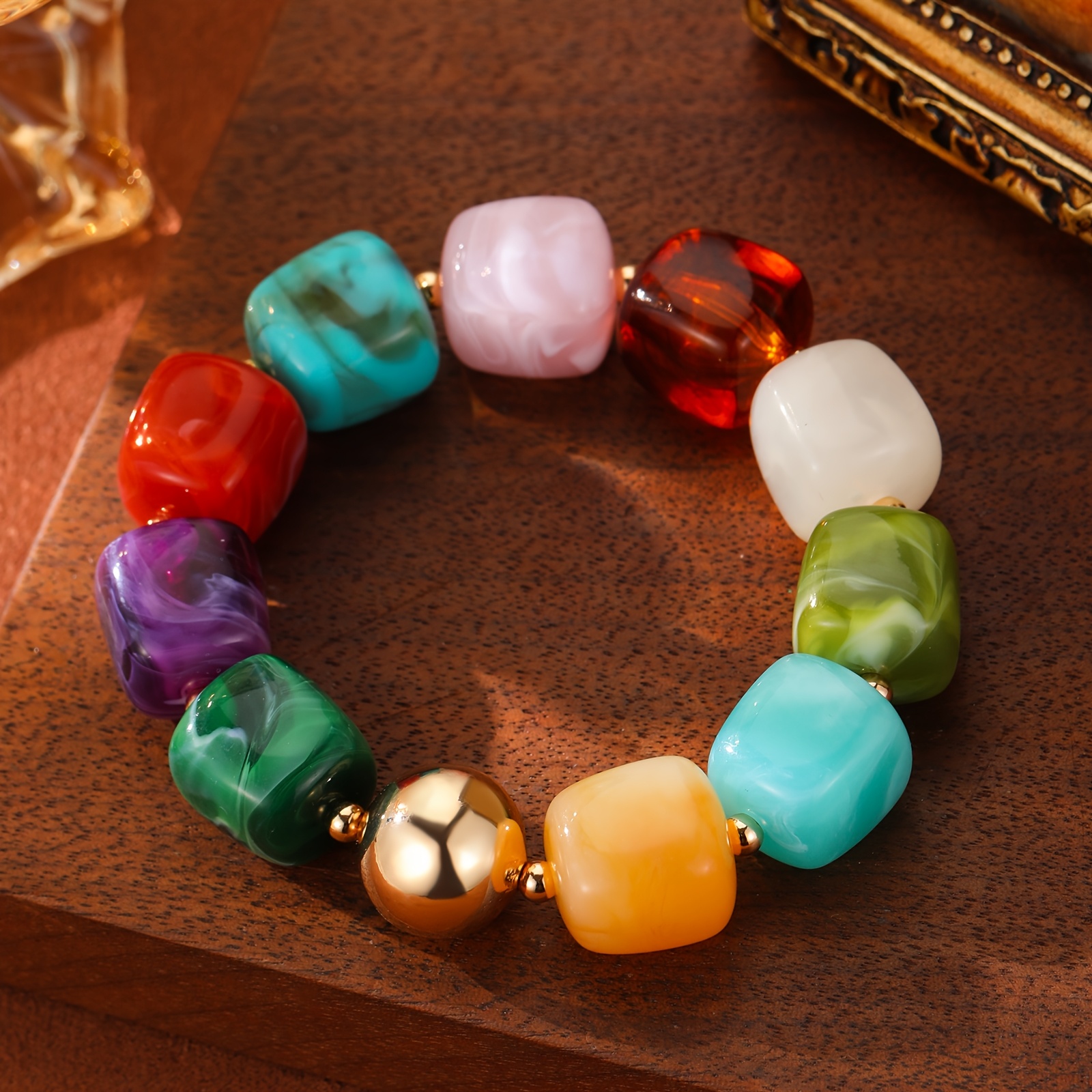 Boho Plated Resin Square Bead Bracelet for Women